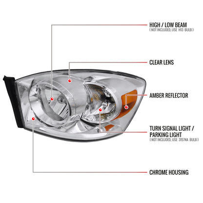 2006-2008 Dodge RAM 1500/ 2006-2009 RAM 2500 3500 Factory Style Crystal Headlights (Chrome Housing/Clear Lens)