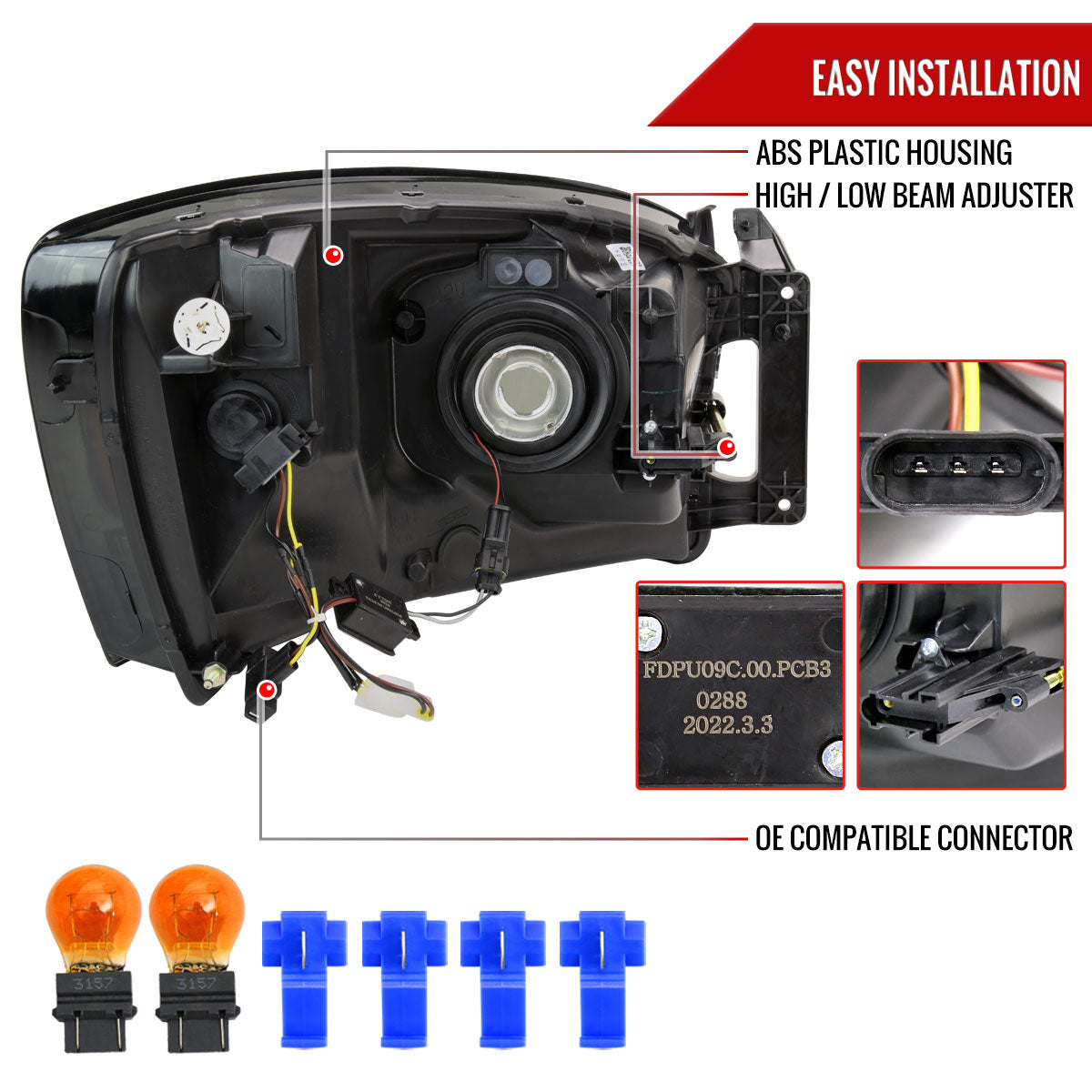 2006-2008 Dodge RAM 1500/ 2006-2009 RAM 2500 3500 LED Bar Factory Style Crystal Headlights (Chrome Housing/Smoked Lens)