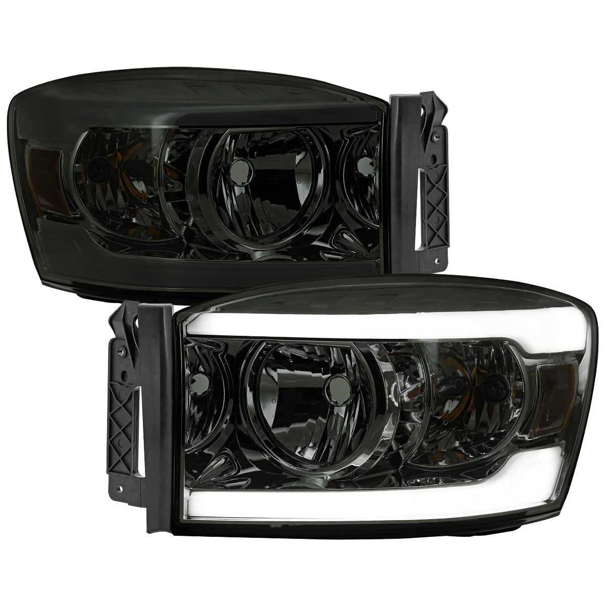 2006-2008 Dodge RAM 1500/ 2006-2009 RAM 2500 3500 LED Bar Factory Style Crystal Headlights (Chrome Housing/Smoked Lens)