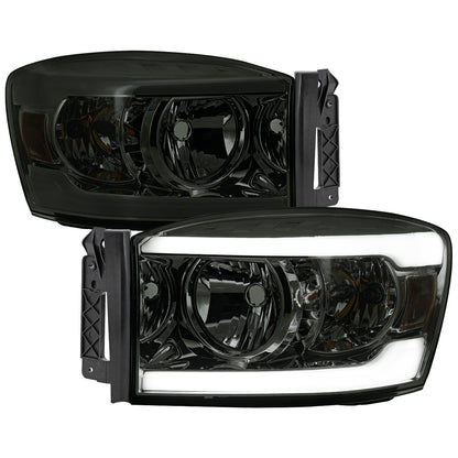 2006-2008 Dodge RAM 1500/ 2006-2009 RAM 2500 3500 LED Bar Factory Style Crystal Headlights (Chrome Housing/Smoked Lens)
