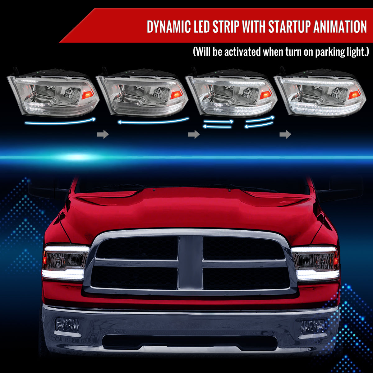 2009-2018 Dodge RAM 1500/2010-2018 RAM 2500 3500 Dual Switchback Sequential LED Bar Factory Style Headlights (Chrome Housing/Clear lens)