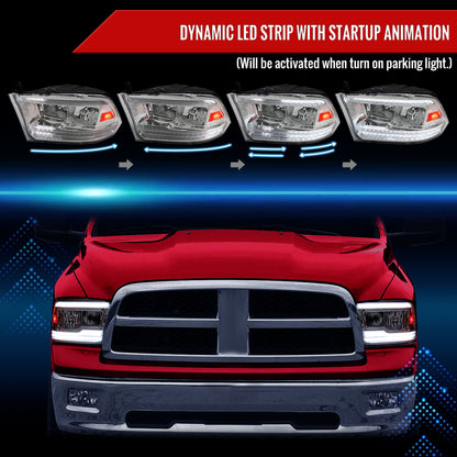 2009-2018 Dodge RAM 1500/2010-2018 RAM 2500 3500 Dual Switchback Sequential LED Bar Factory Style Headlights (Chrome Housing/Clear lens)