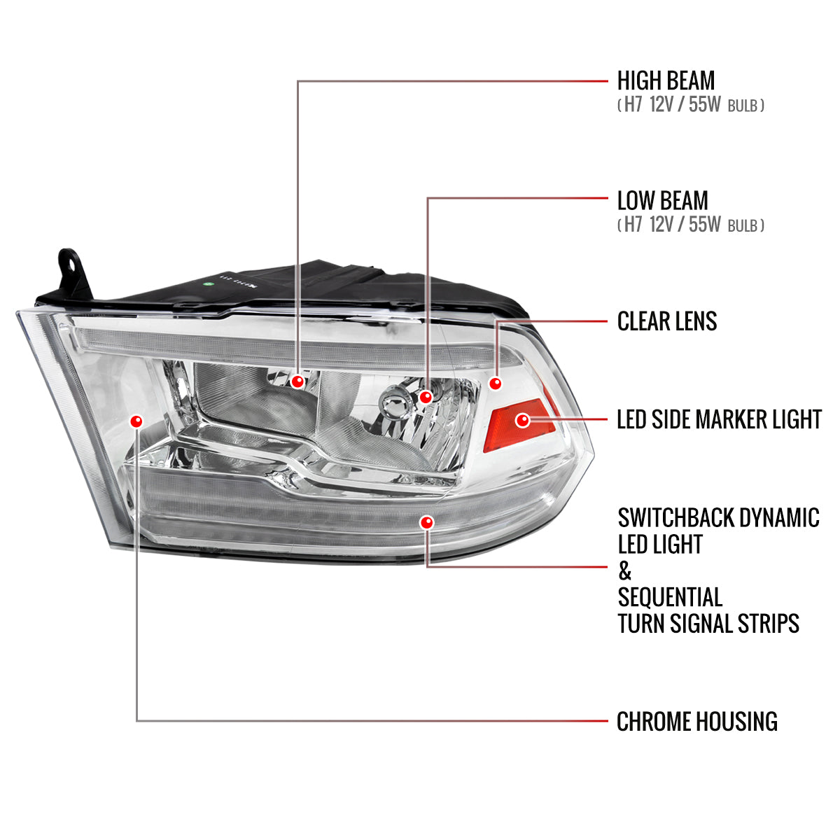 2009-2018 Dodge RAM 1500/2010-2018 RAM 2500 3500 Dual Switchback Sequential LED Bar Factory Style Headlights (Chrome Housing/Clear lens)