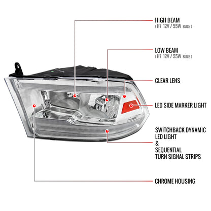 2009-2018 Dodge RAM 1500/2010-2018 RAM 2500 3500 Dual Switchback Sequential LED Bar Factory Style Headlights (Chrome Housing/Clear lens)