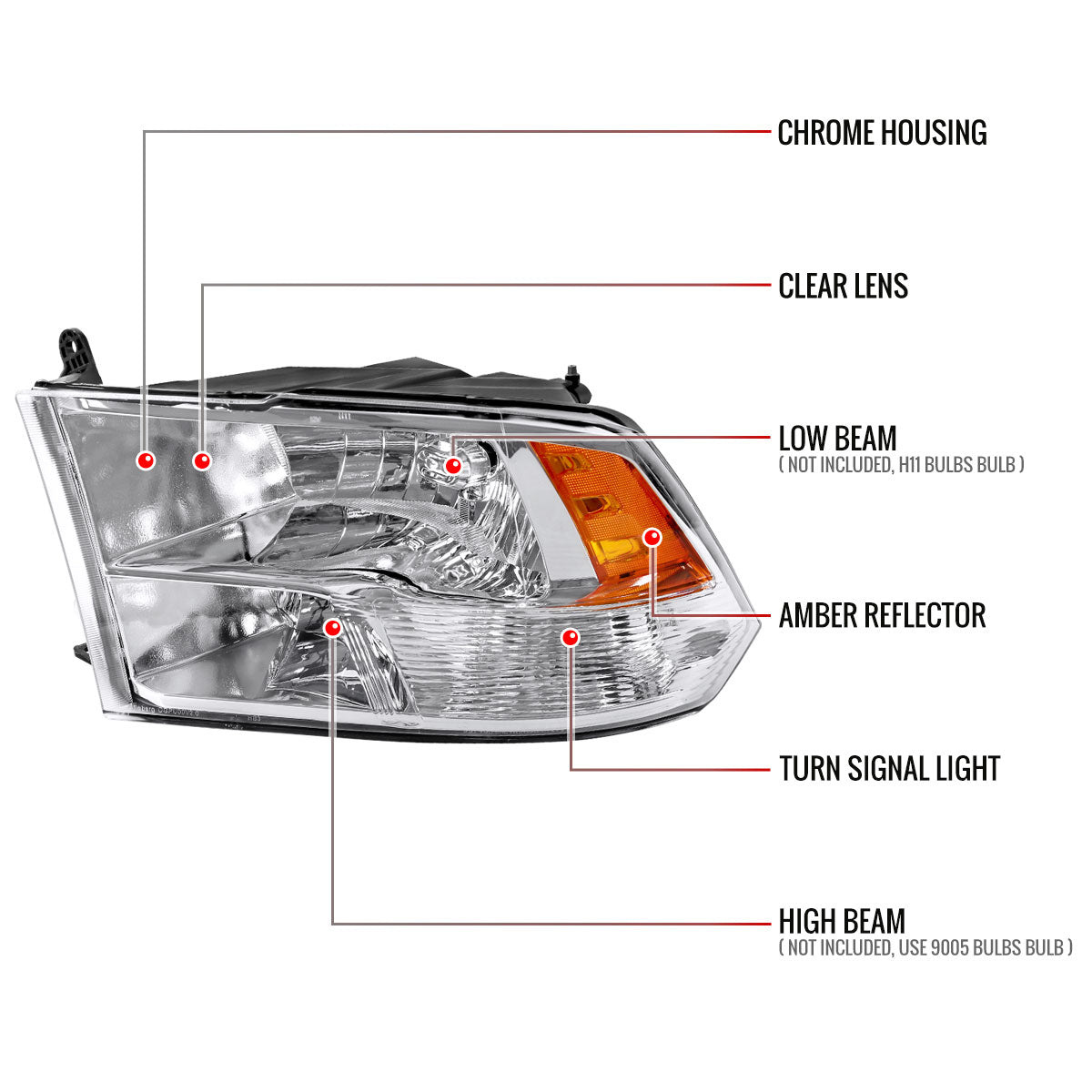 2009-2018 Dodge RAM 1500/ 2019-2021 RAM Classic/ 2010-2018 RAM 2500 3500 Factory Quad Style Headlights (Chrome Housing/Clear Lens)