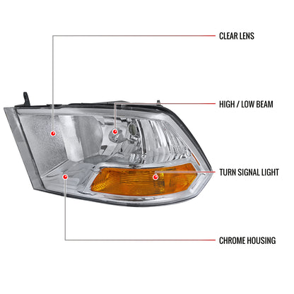 2009-2018 Dodge RAM 1500 / 2019-2021 RAM Classic / 2010-2018 RAM 2500 3500 Factory Dual Style Headlights (Chrome Housing/Clear Lens)