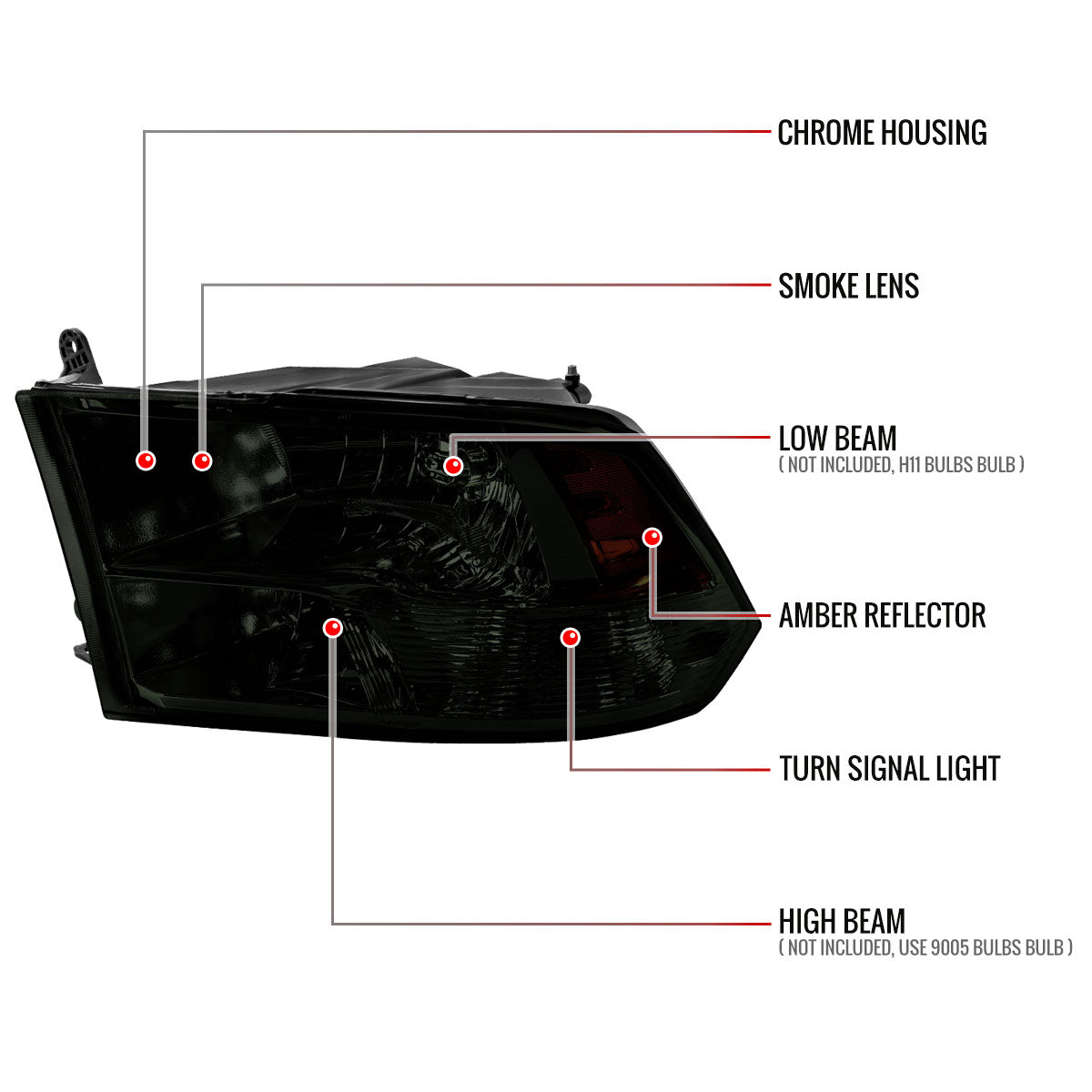 2009-2018 Dodge RAM 1500 / 2019-2021 RAM Classic / 2010-2018 RAM 2500 3500 Factory Quad Style Headlights (Chrome Housing / Smoked Lens)