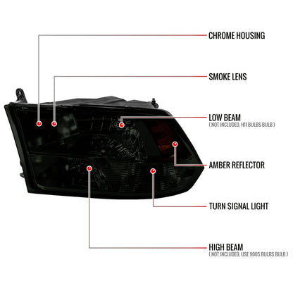 2009-2018 Dodge RAM 1500 / 2019-2021 RAM Classic / 2010-2018 RAM 2500 3500 Factory Quad Style Headlights (Chrome Housing / Smoked Lens)
