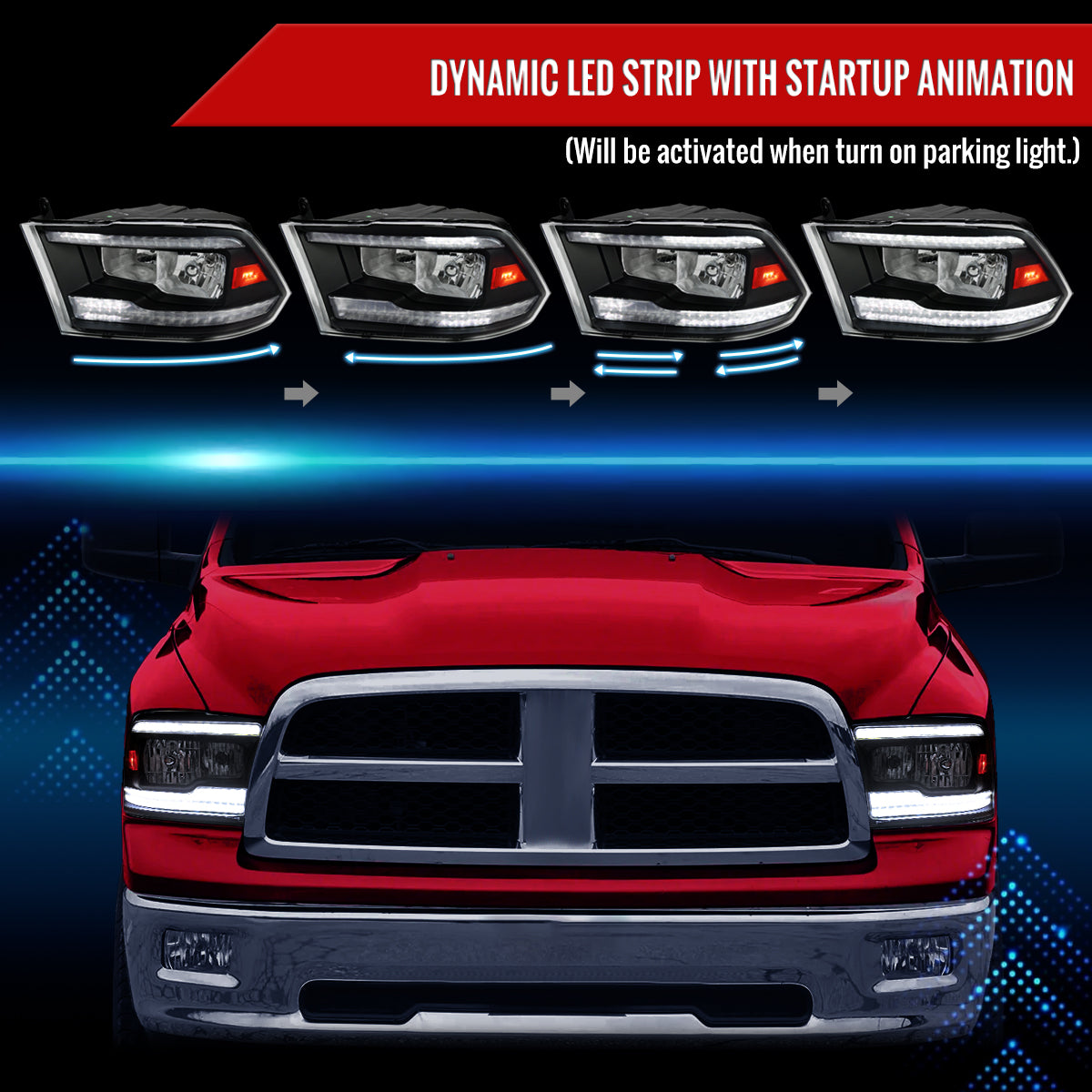 2009-2018 Dodge RAM 1500/2010-2018 RAM 2500 3500 Dual Switchback Sequential LED Bar Factory Style Headlights (Matte Black Housing/Clear lens)