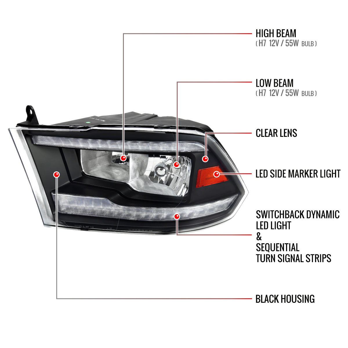 2009-2018 Dodge RAM 1500/2010-2018 RAM 2500 3500 Dual Switchback Sequential LED Bar Factory Style Headlights (Matte Black Housing/Clear lens)