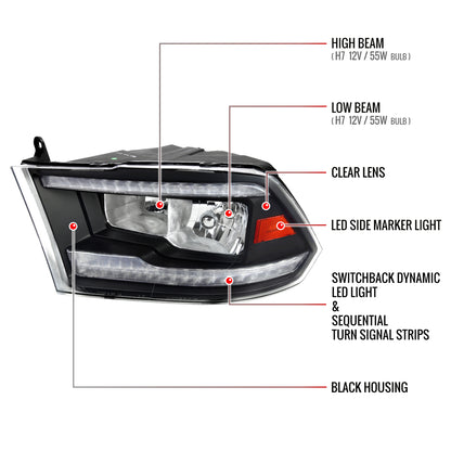 2009-2018 Dodge RAM 1500/2010-2018 RAM 2500 3500 Dual Switchback Sequential LED Bar Factory Style Headlights (Matte Black Housing/Clear lens)