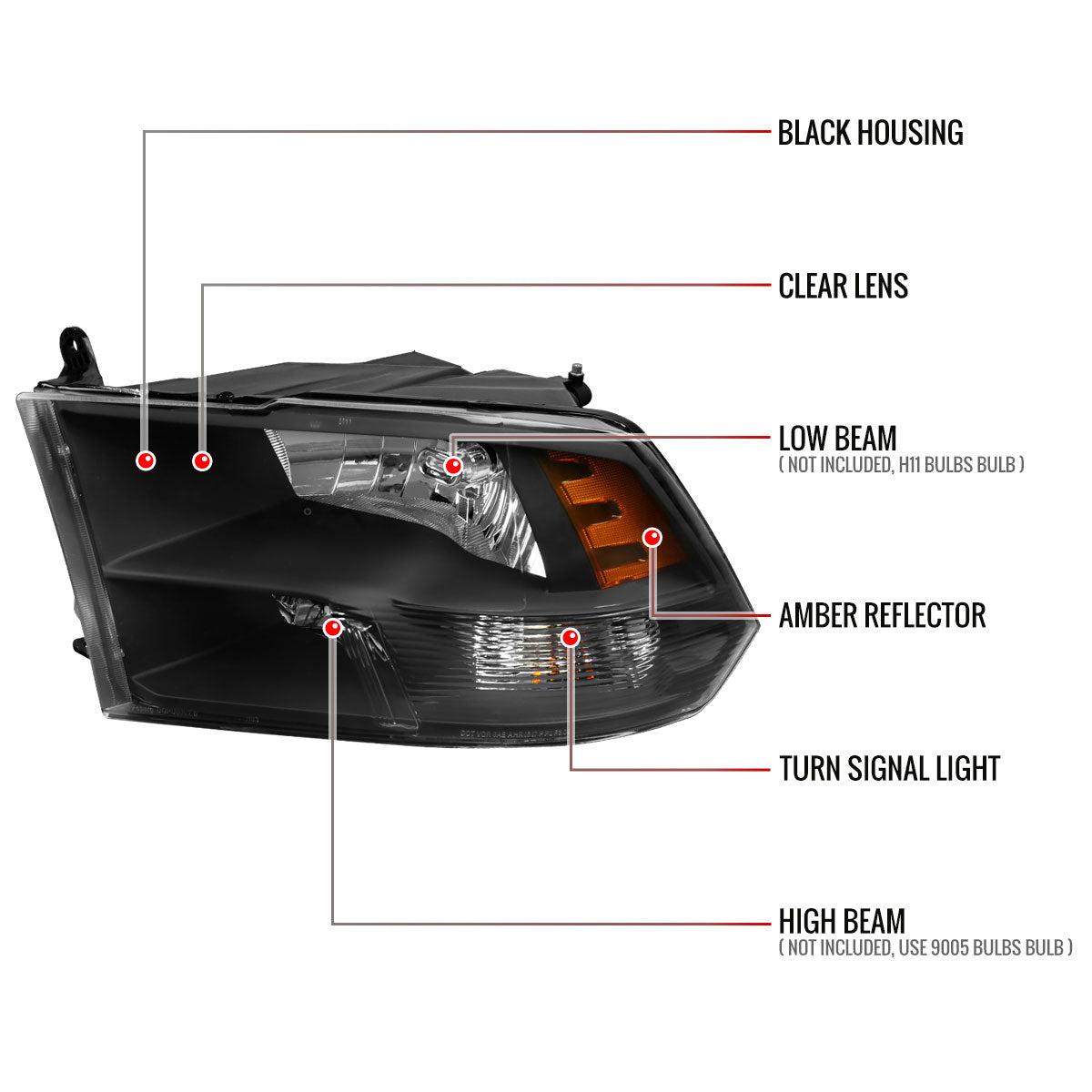 2009-2018 Dodge RAM 1500 / 2019-2021 RAM Classic / 2010-2018 RAM 2500 3500 Factory Quad Style Headlights (Matte Black Housing/Clear Lens)
