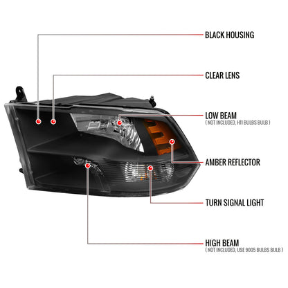 2009-2018 Dodge RAM 1500 / 2019-2021 RAM Classic / 2010-2018 RAM 2500 3500 Factory Quad Style Headlights (Matte Black Housing/Clear Lens)
