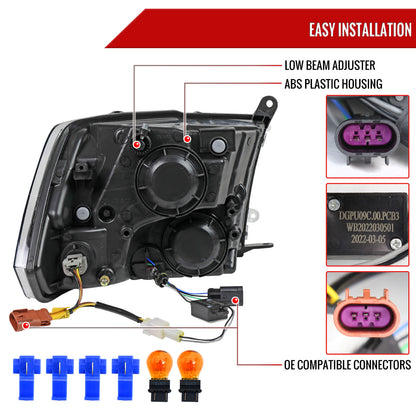 2009-2019 Dodge Ram 1500 2500 3500 Quad Style Headlights with LED Tube (Chrome Housing/Clear Lens)