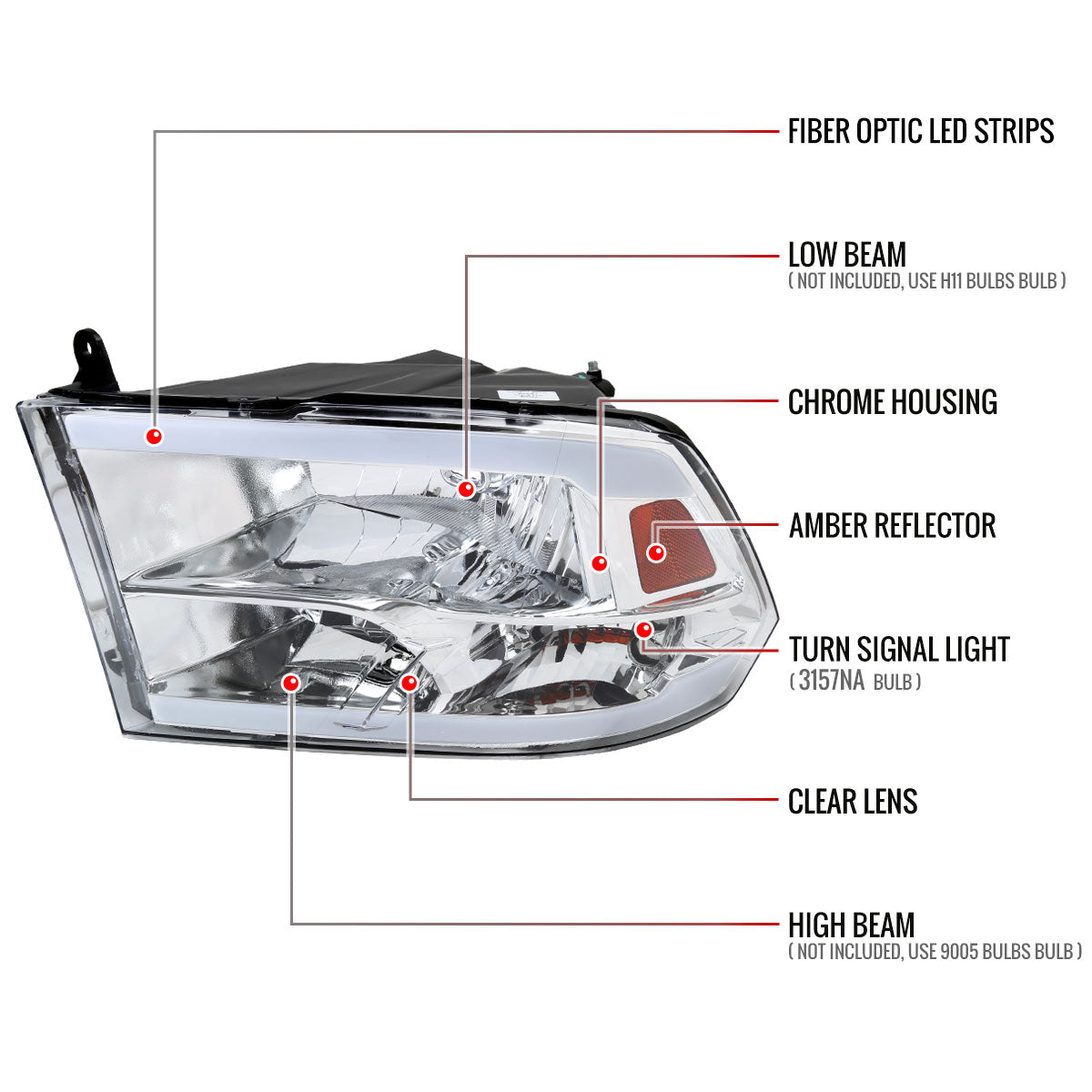 2009-2019 Dodge Ram 1500 2500 3500 Quad Style Headlights with LED Tube (Chrome Housing/Clear Lens)