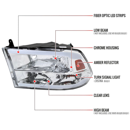 2009-2019 Dodge Ram 1500 2500 3500 Quad Style Headlights with LED Tube (Chrome Housing/Clear Lens)