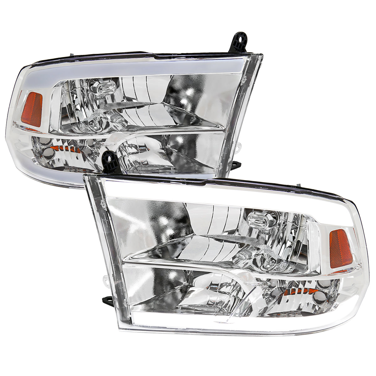 2009-2019 Dodge Ram 1500 2500 3500 Quad Style Headlights with LED Tube (Chrome Housing/Clear Lens)