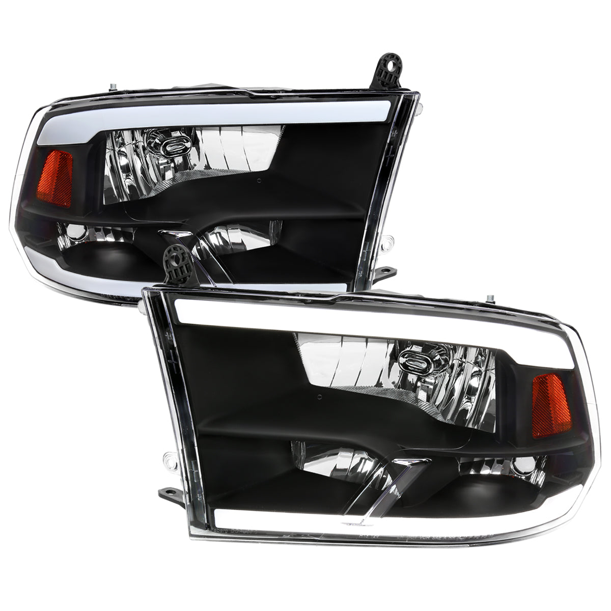 2009-2019 Dodge Ram 1500/ 2010-2019 Dodge Ram 2500/3500 LED Strip Factory Style Headlights (Matte Black Housing/Clear Lens)