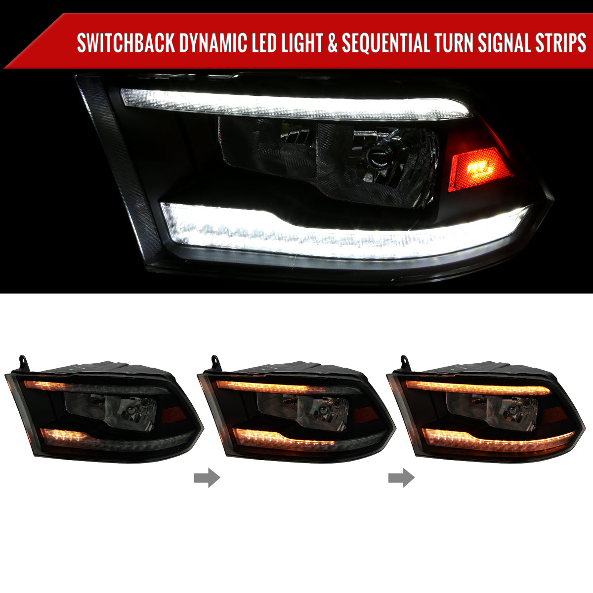 2009-2018 Dodge RAM 1500/2010-2018 RAM 2500 3500 Dual Switchback Sequential LED Bar Factory Style Headlights (Matte Black Housing/Smoked lens)