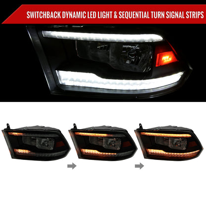2009-2018 Dodge RAM 1500/2010-2018 RAM 2500 3500 Dual Switchback Sequential LED Bar Factory Style Headlights (Matte Black Housing/Smoked lens)
