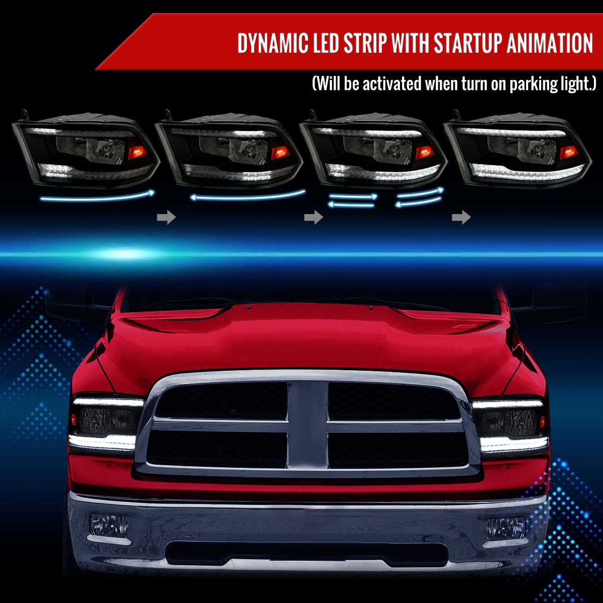 2009-2018 Dodge RAM 1500/2010-2018 RAM 2500 3500 Dual Switchback Sequential LED Bar Factory Style Headlights (Matte Black Housing/Smoked lens)