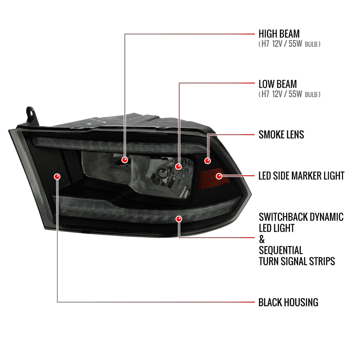 2009-2018 Dodge RAM 1500/2010-2018 RAM 2500 3500 Dual Switchback Sequential LED Bar Factory Style Headlights (Matte Black Housing/Smoked lens)