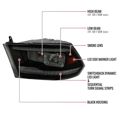 2009-2018 Dodge RAM 1500/2010-2018 RAM 2500 3500 Dual Switchback Sequential LED Bar Factory Style Headlights (Matte Black Housing/Smoked lens)