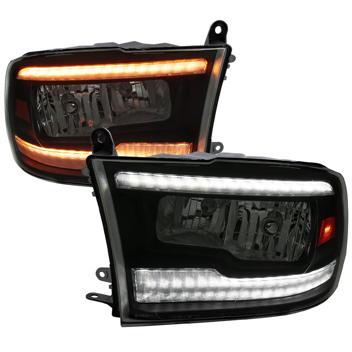 2009-2018 Dodge RAM 1500/2010-2018 RAM 2500 3500 Dual Switchback Sequential LED Bar Factory Style Headlights (Matte Black Housing/Smoked lens)
