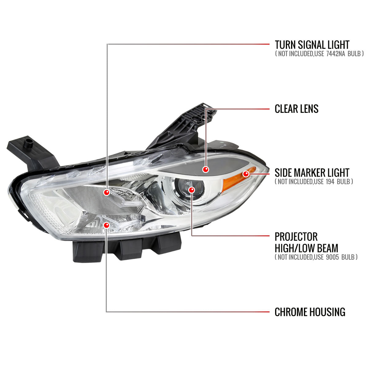 2013-2016 Dodge Dart Factory Style Headlights with Projector High/Low Beam (Chrome Housing/Clear Lens)