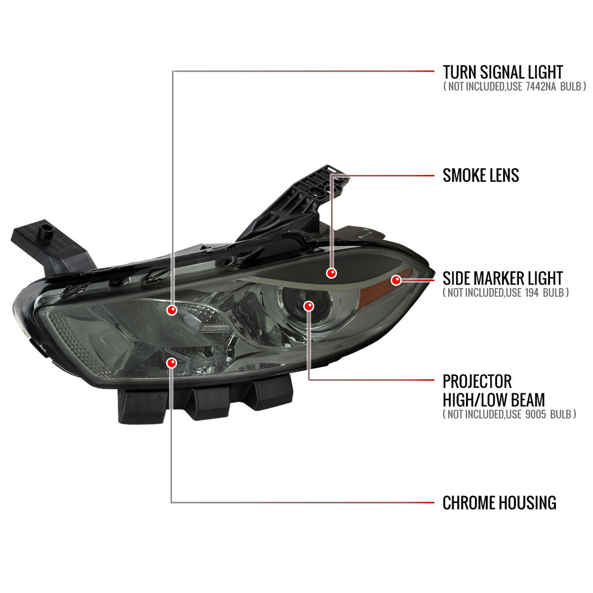 2013-2016 Dodge Dart Factory Style Headlights with Projector High/Low Beam (Chrome Housing/Smoked Lens)