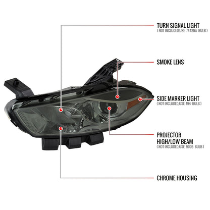 2013-2016 Dodge Dart Factory Style Headlights with Projector High/Low Beam (Chrome Housing/Smoked Lens)