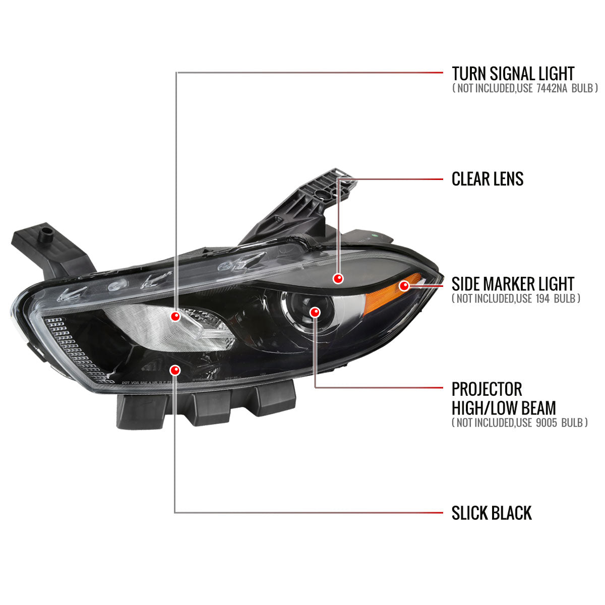 2013-2016 Dodge Dart Factory Style Headlights with Projector High/Low Beam - Driver Side Only (Jet Black Housing/Clear Lens)