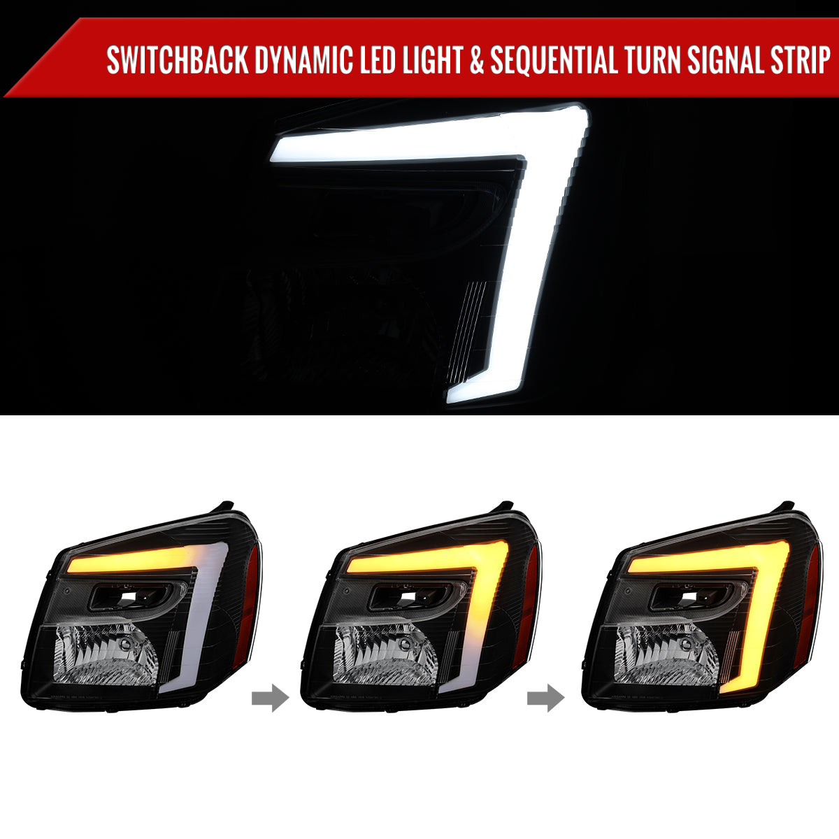 2005-2009 Chevy Equinox Factory Style Headlights with Sequential Switchback LED Bar Turn Signal (Matte Black Housing / Clear Lens)