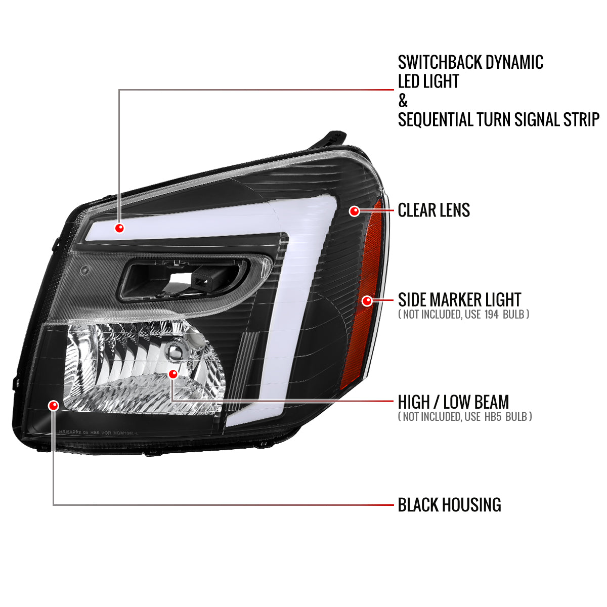 2005-2009 Chevy Equinox Factory Style Headlights with Sequential Switchback LED Bar Turn Signal (Matte Black Housing / Clear Lens)