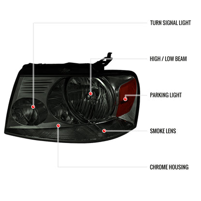 2004-2008 Ford F-150/ 2006-2008 Lincoln Mark LT Replacement Crystal Headlights w/ Amber Reflector (Chrome Housing/Smoked Lens)