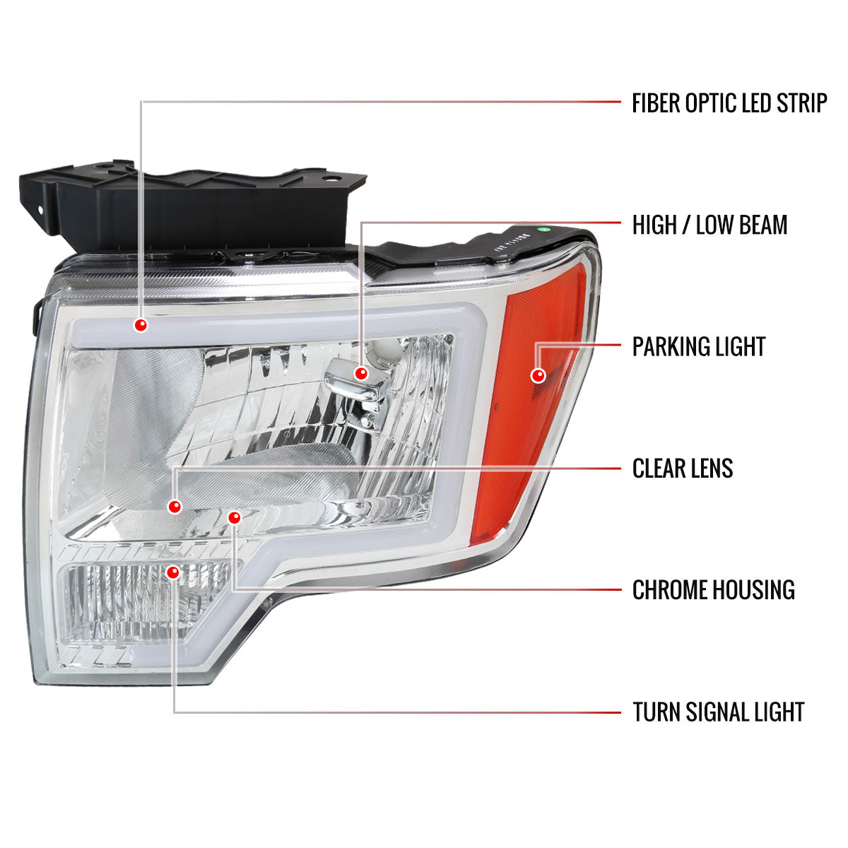 2009-2014 Ford F-150 LED Bar Factory Style Headlights with Amber Reflectors (Chrome Housing/Clear Lens)