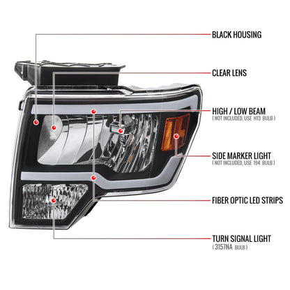 2009-2014 Ford F-150 LED Tube Factory Style Headlights (Matte Black Housing/Clear Lens)