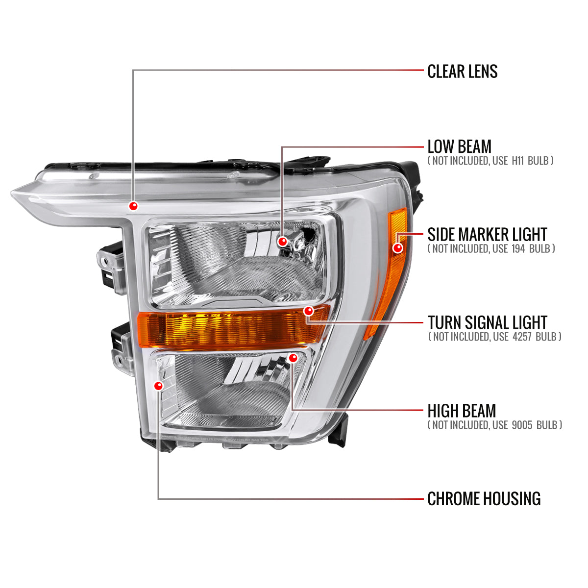 2021-2023 Ford F-150  Factory Style Headlight (Chrome Housing / Clear Lens ) - Driver Side Ony