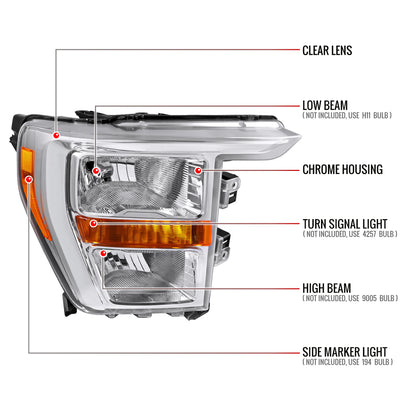 2021-2023 Ford F-150  Factory Style Headlight (Chrome Housing / Clear Lens ) - Passenger Side Only