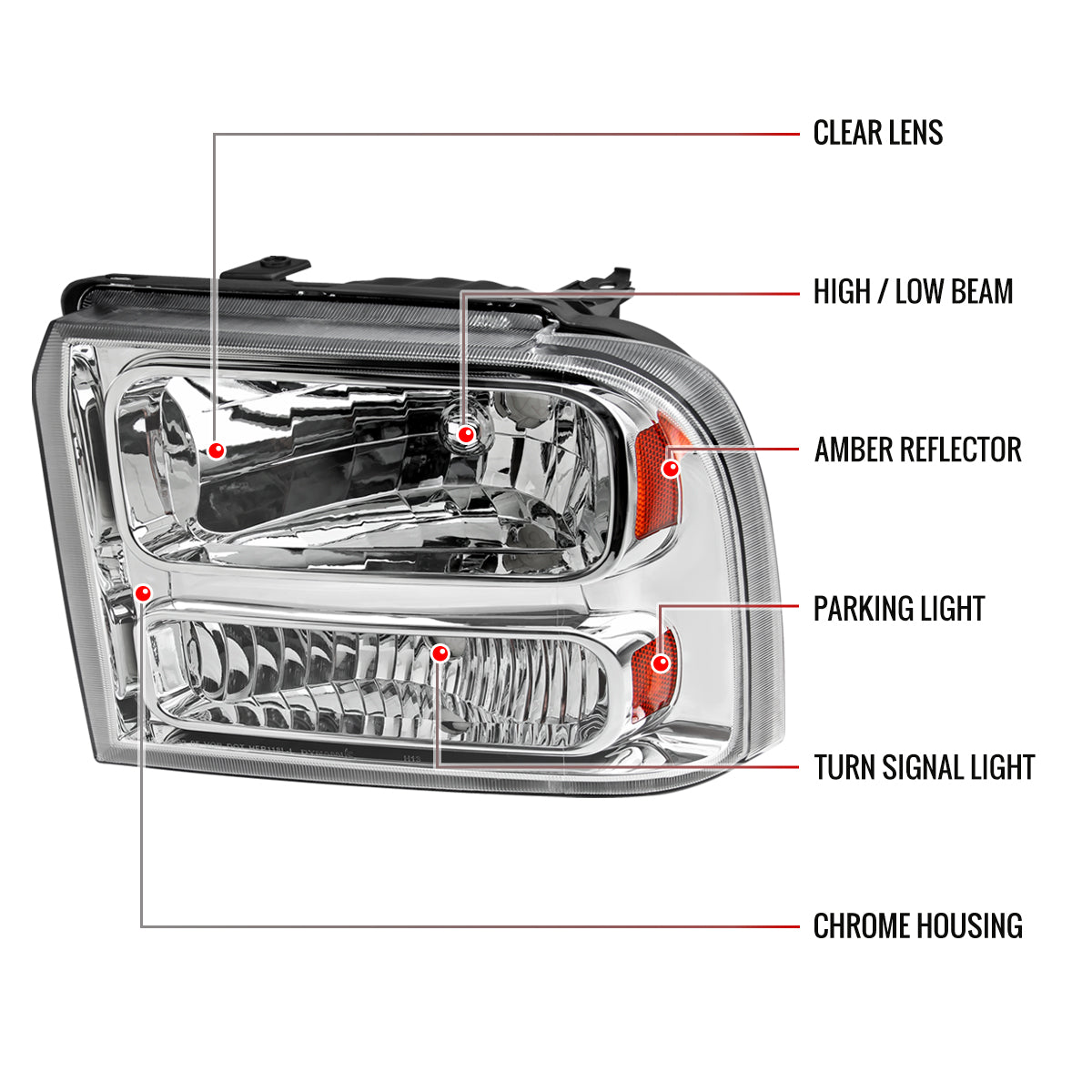 2005-2007 Ford F-250/F-350/F-450/F-550/Excursion Crystal Headlights (Chrome Housing/Clear Lens)