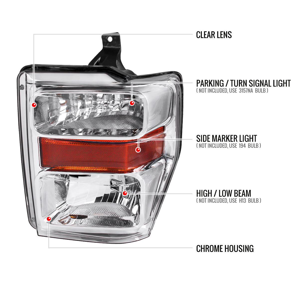 2008-2010 Ford F-250/F-350/F-450 Super Duty Factory Style Headlights w/ Amber Reflectors (Chrome Housing/Clear Lens)