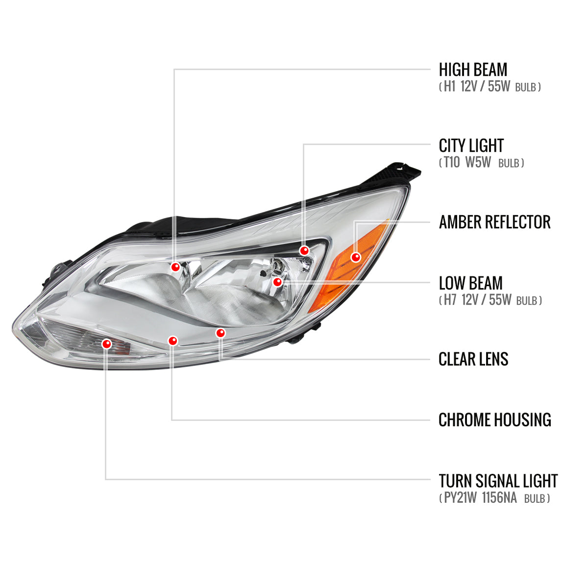2012-2014 Ford Focus Factory Style Headlights w/ Amber Reflectors (Chrome Housing/Clear Lens)