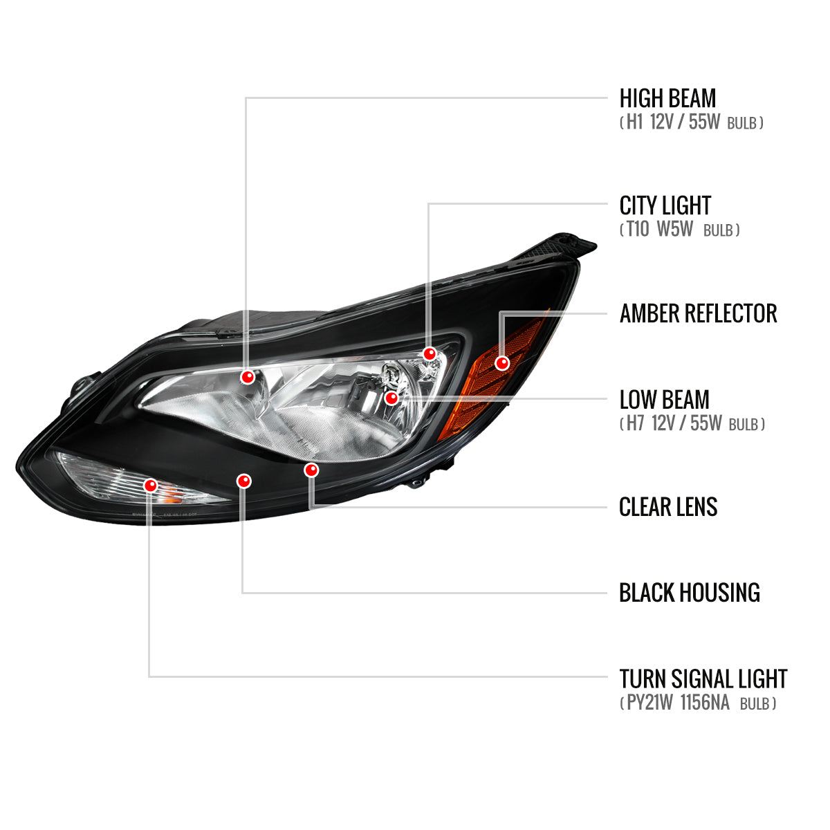 2012-2014 Ford Focus Factory Style Headlights w/ Amber Reflectors (Matte Black Housing/Clear Lens)