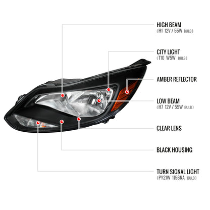 2012-2014 Ford Focus Factory Style Headlights w/ Amber Reflectors (Matte Black Housing/Clear Lens)