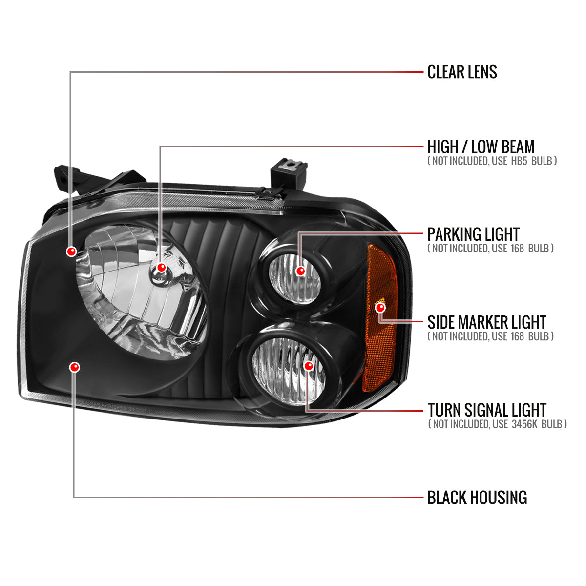 2001-2004 Nissan Frontier XE Factory Style Headlights (Matte Black Housing/Clear Lens)