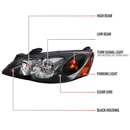 2005-2010 Pontiac G6 Factory Style Headlights w/ Amber Reflectors (Matte Black Housing/Clear Lens)