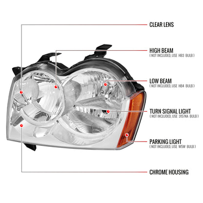 2005-2007 Jeep Grand Cherokee Factory Style Headlights (Chrome Housing/Clear Lens)