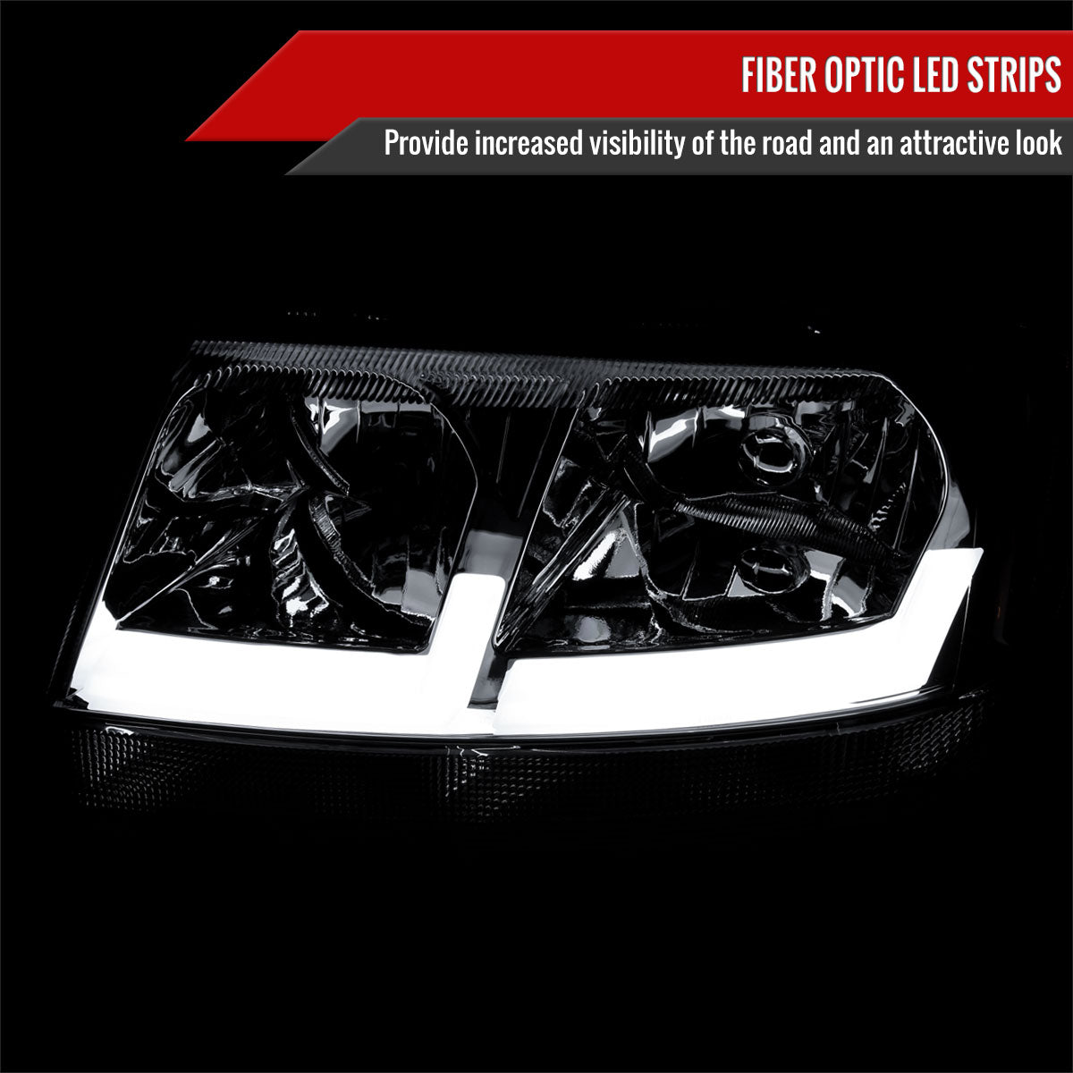 1999-2004 Jeep Grand Cherokee Factory Style Dual LED Bar Headlights (Chrome Housing/Smoked Lens)