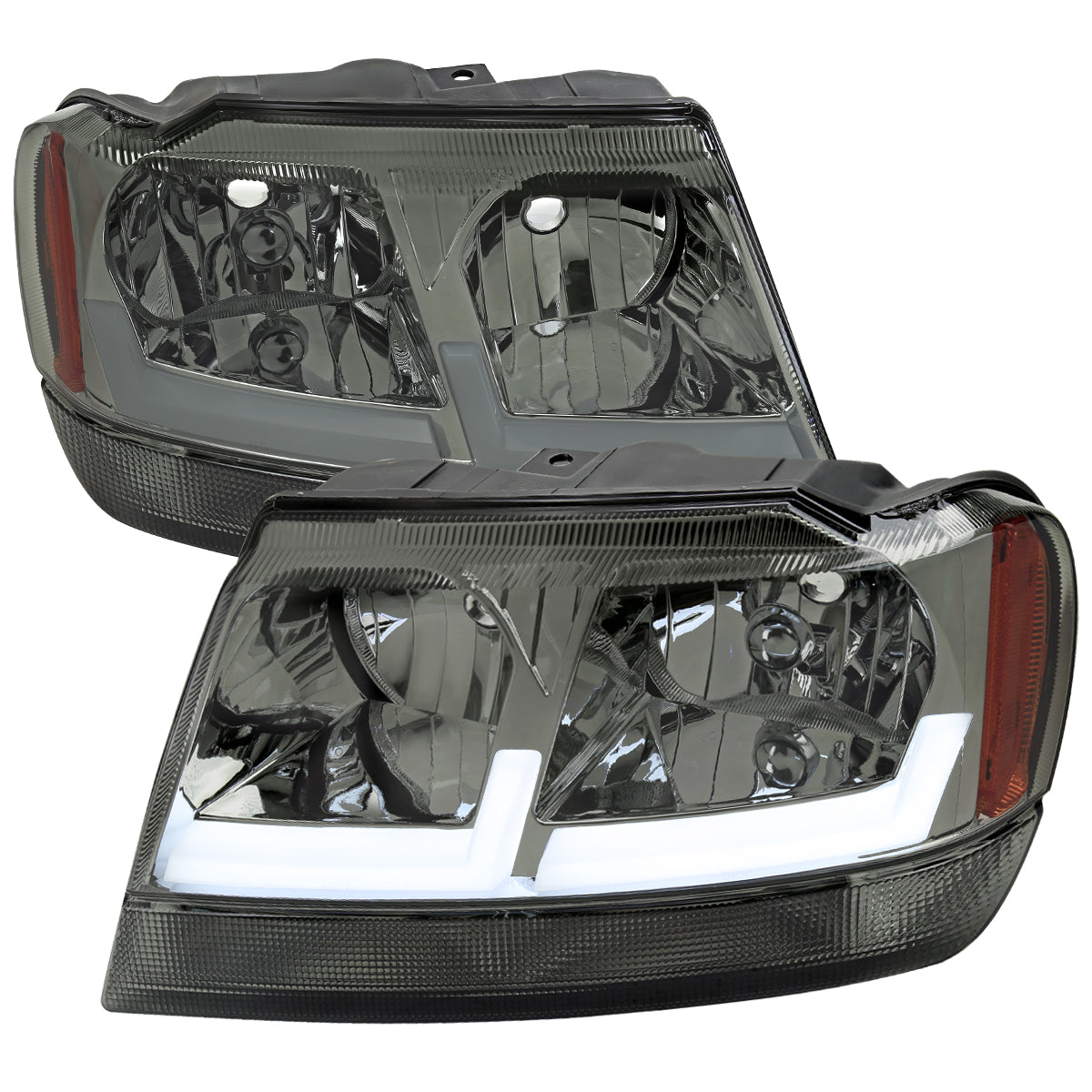 1999-2004 Jeep Grand Cherokee Factory Style Dual LED Bar Headlights (Chrome Housing/Smoked Lens)