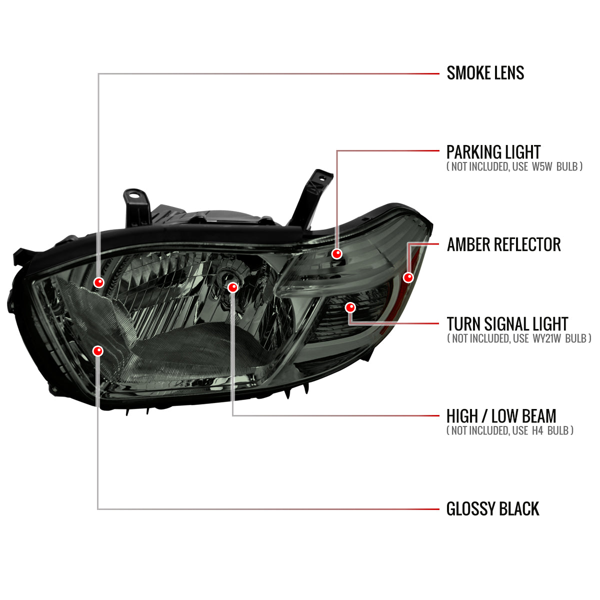 2008-2010 Toyota Highlander Factory Halogen Replacement Headlights (Chrome Housing/Smoked Lens)